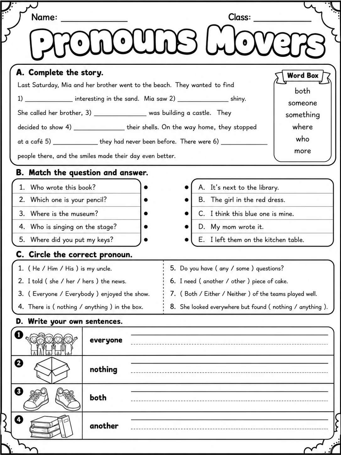Pronouns Movers Vocabulary Worksheet Pack page 9 printable worksheet preview