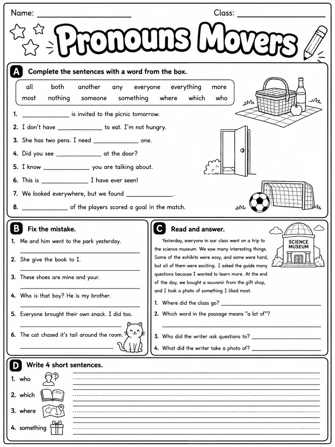 Pronouns Movers Vocabulary Worksheet Pack page 10 printable worksheet preview