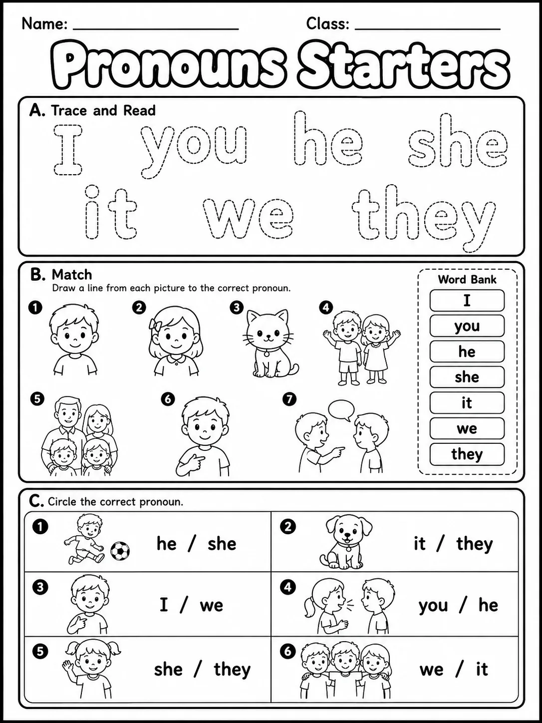 Pronouns Starters Vocabulary Worksheet Pack printable Starters English worksheet bundle preview from KiwiBee