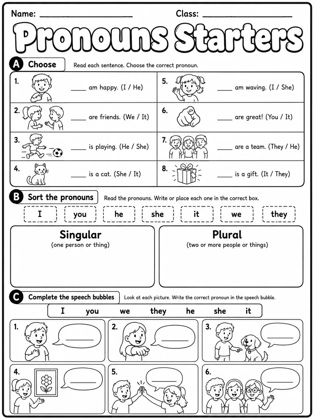 Pronouns Starters Vocabulary Worksheet Pack page 2 printable worksheet preview