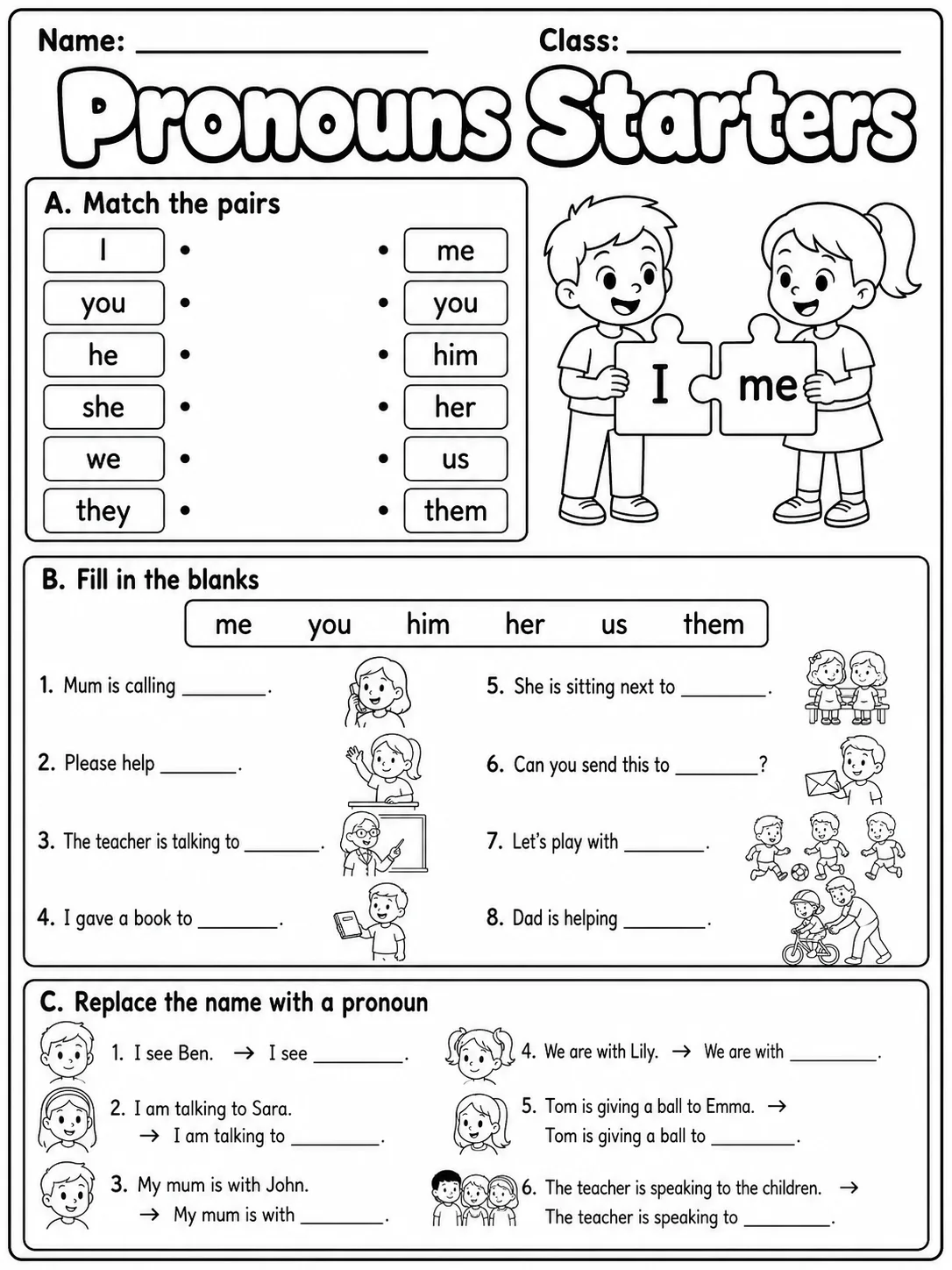Pronouns Starters Vocabulary Worksheet Pack page 3 printable worksheet preview
