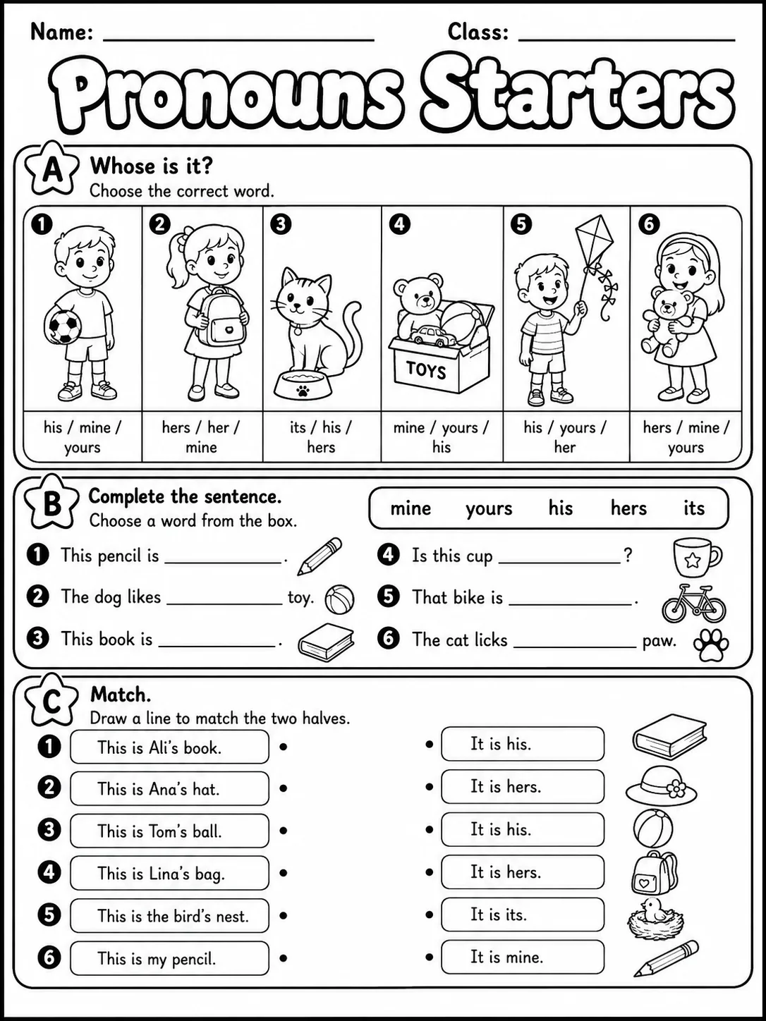 Pronouns Starters Vocabulary Worksheet Pack page 4 printable worksheet preview