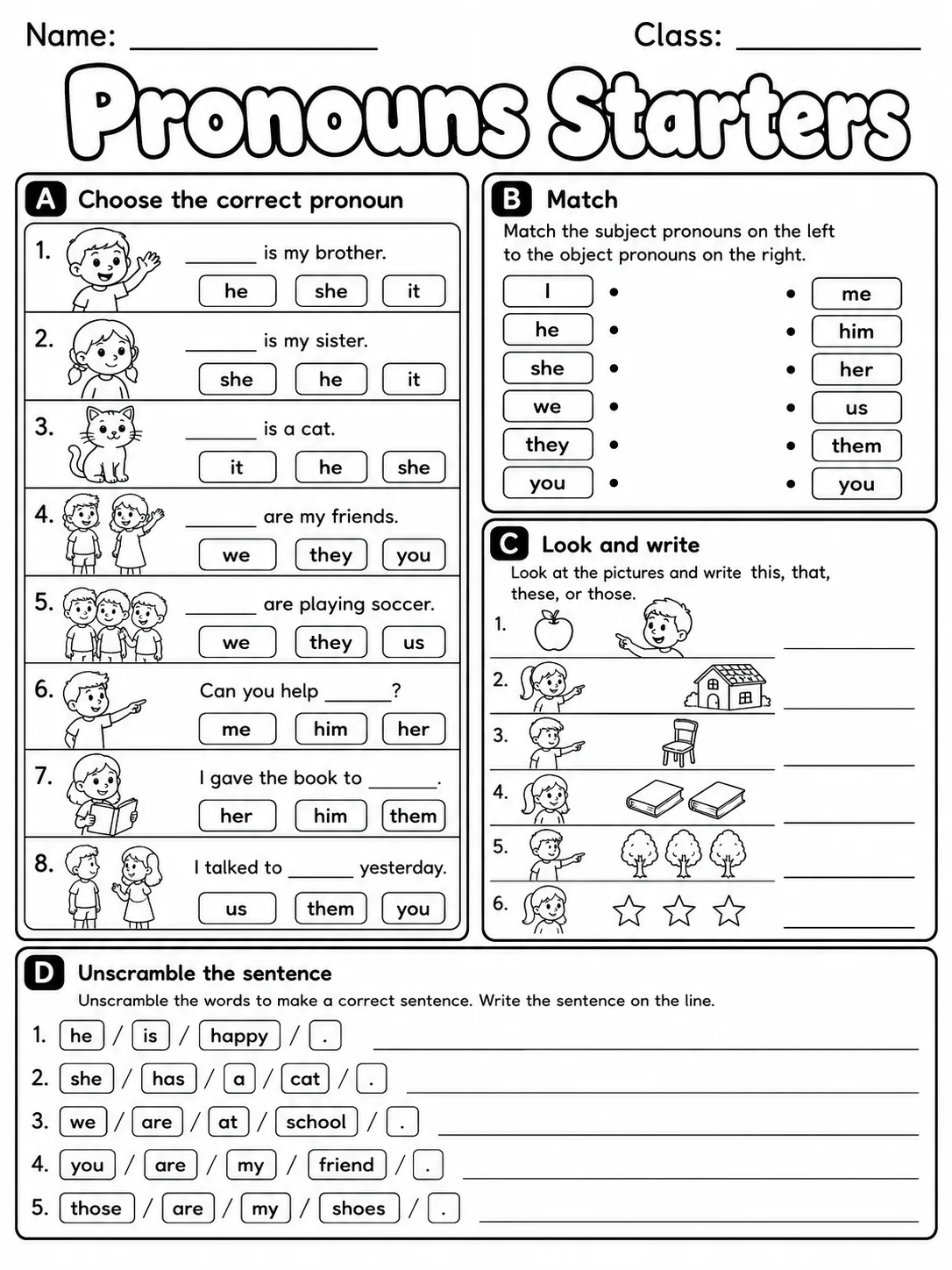 Pronouns Starters Vocabulary Worksheet Pack page 6 printable worksheet preview
