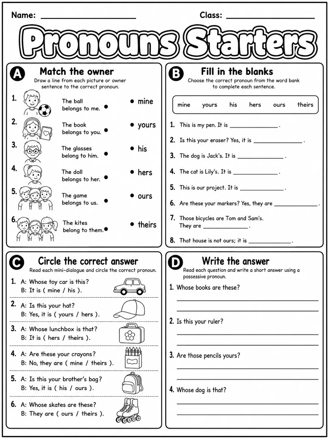 Pronouns Starters Vocabulary Worksheet Pack page 7 printable worksheet preview