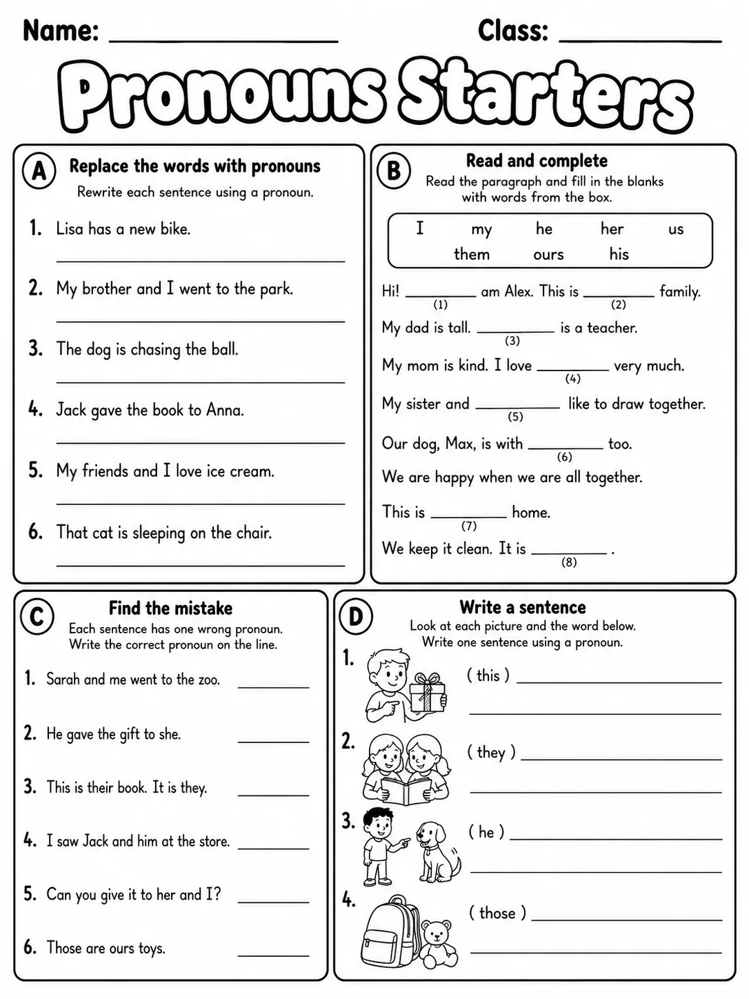 Pronouns Starters Vocabulary Worksheet Pack page 8 printable worksheet preview