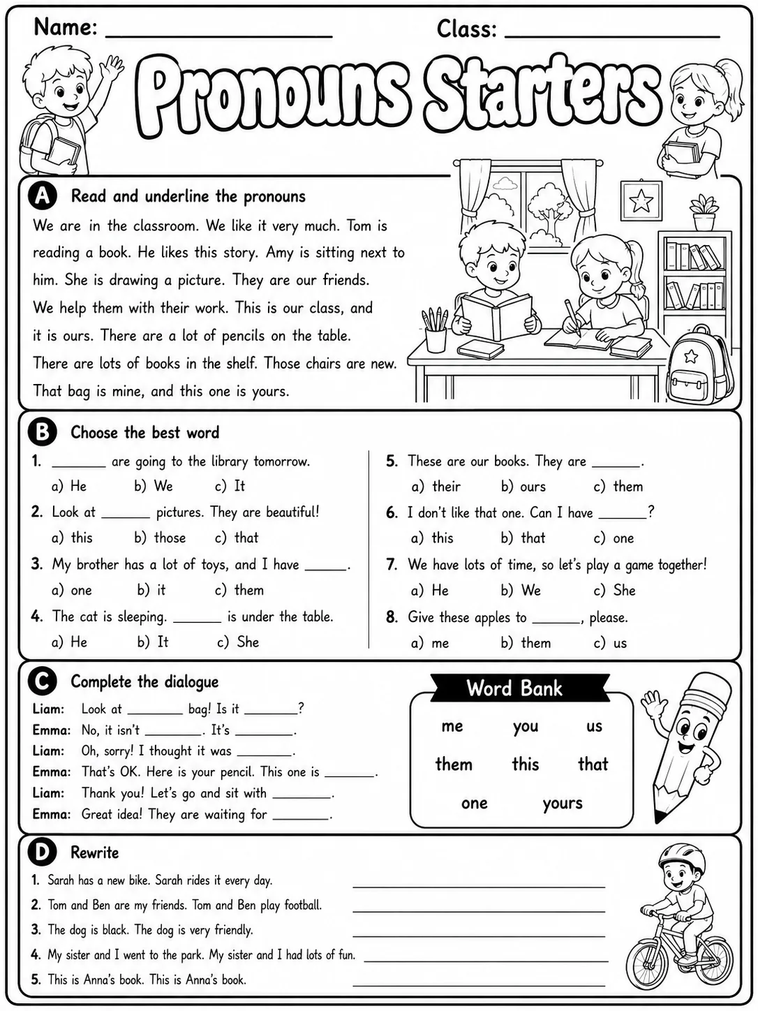 Pronouns Starters Vocabulary Worksheet Pack page 9 printable worksheet preview