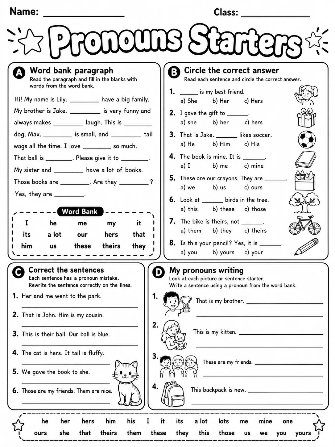 Pronouns Starters Vocabulary Worksheet Pack page 10 printable worksheet preview