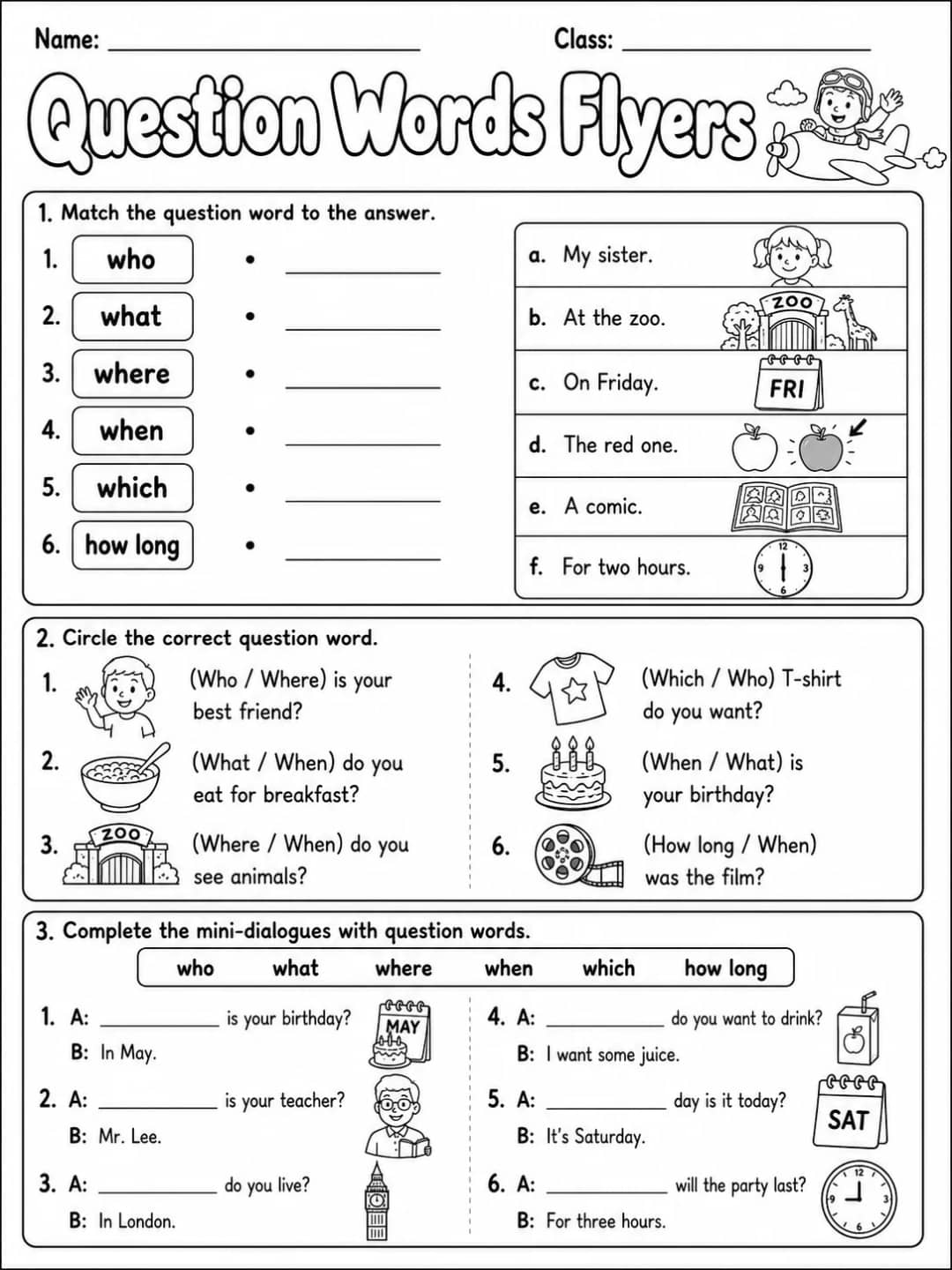 Question Words Flyers Vocabulary Worksheet Pack printable Flyers English worksheet pack preview from KiwiBee