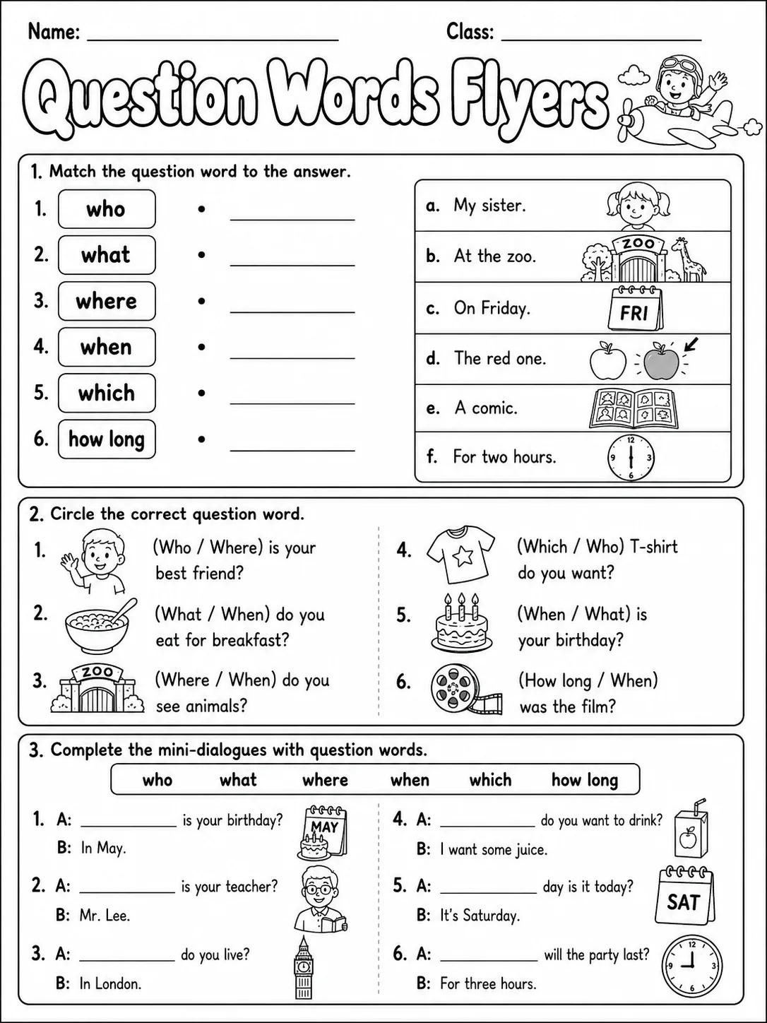 Question Words Flyers Vocabulary Worksheet Pack printable Flyers English worksheet bundle preview from KiwiBee