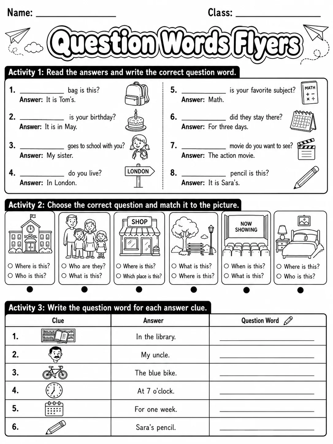 Question Words Flyers Vocabulary Worksheet Pack page 2 printable worksheet preview