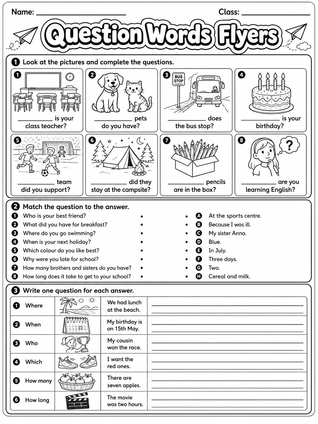 Question Words Flyers Vocabulary Worksheet Pack page 3 printable worksheet preview