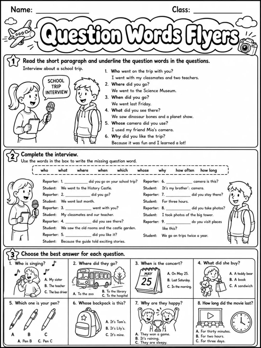 Question Words Flyers Vocabulary Worksheet Pack page 4 printable worksheet preview