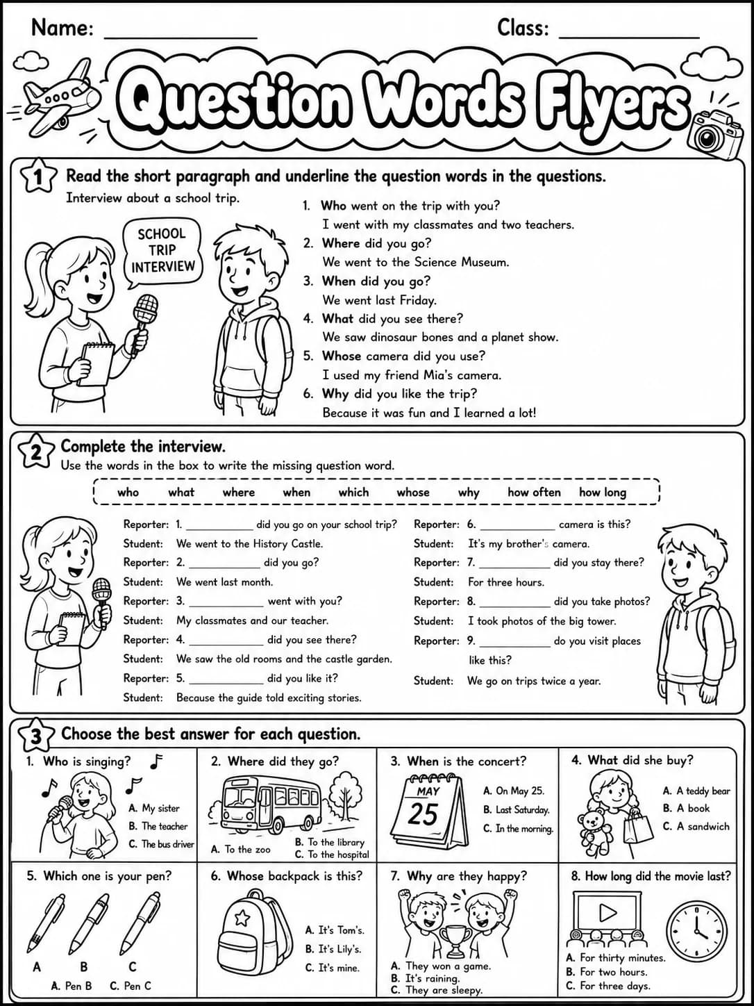 Question Words Flyers Vocabulary Worksheet Pack page 4 printable worksheet preview