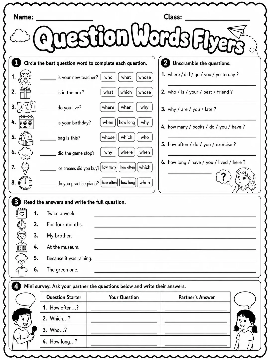Question Words Flyers Vocabulary Worksheet Pack page 5 printable worksheet preview