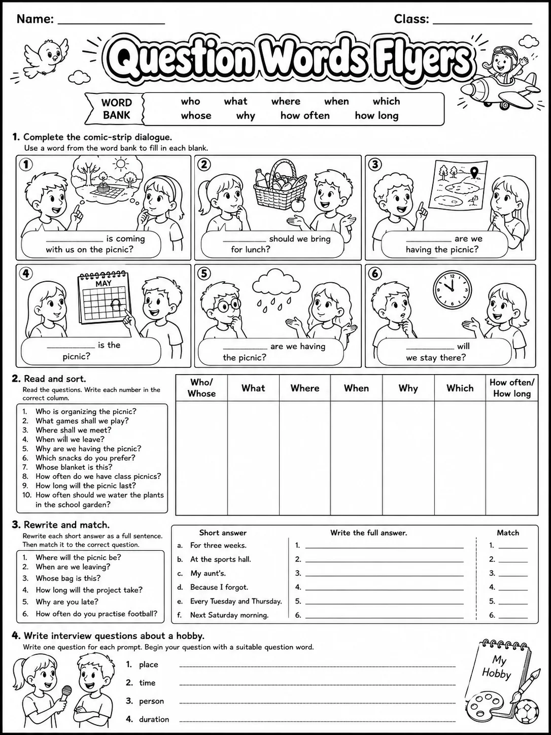 Question Words Flyers Vocabulary Worksheet Pack page 8 printable worksheet preview
