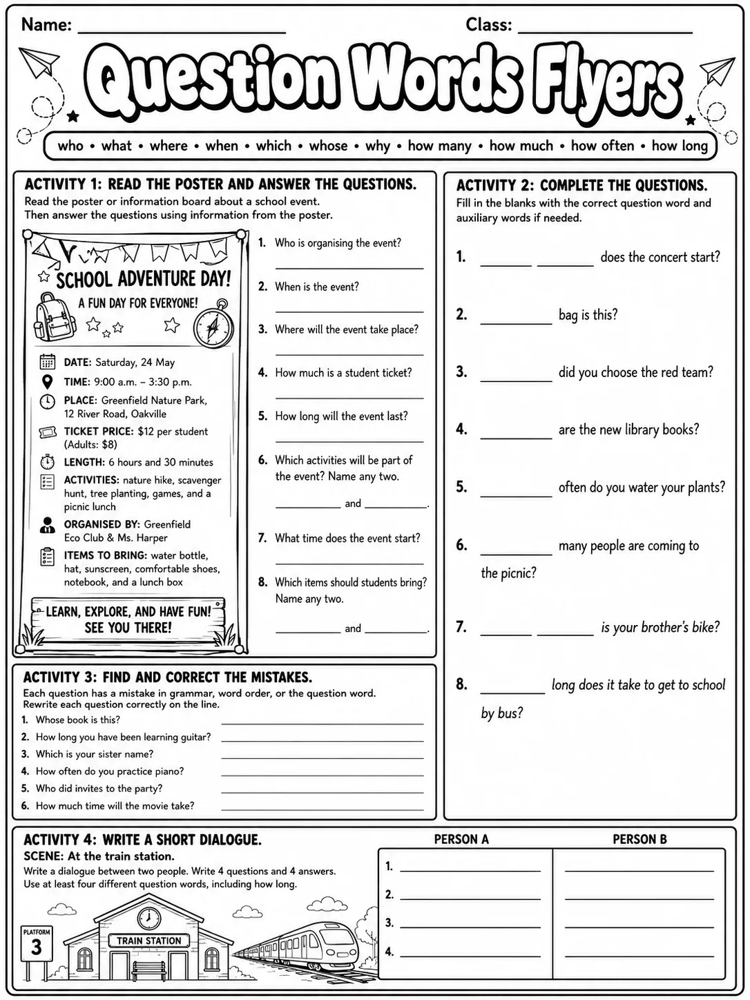 Question Words Flyers Vocabulary Worksheet Pack page 9 printable worksheet preview