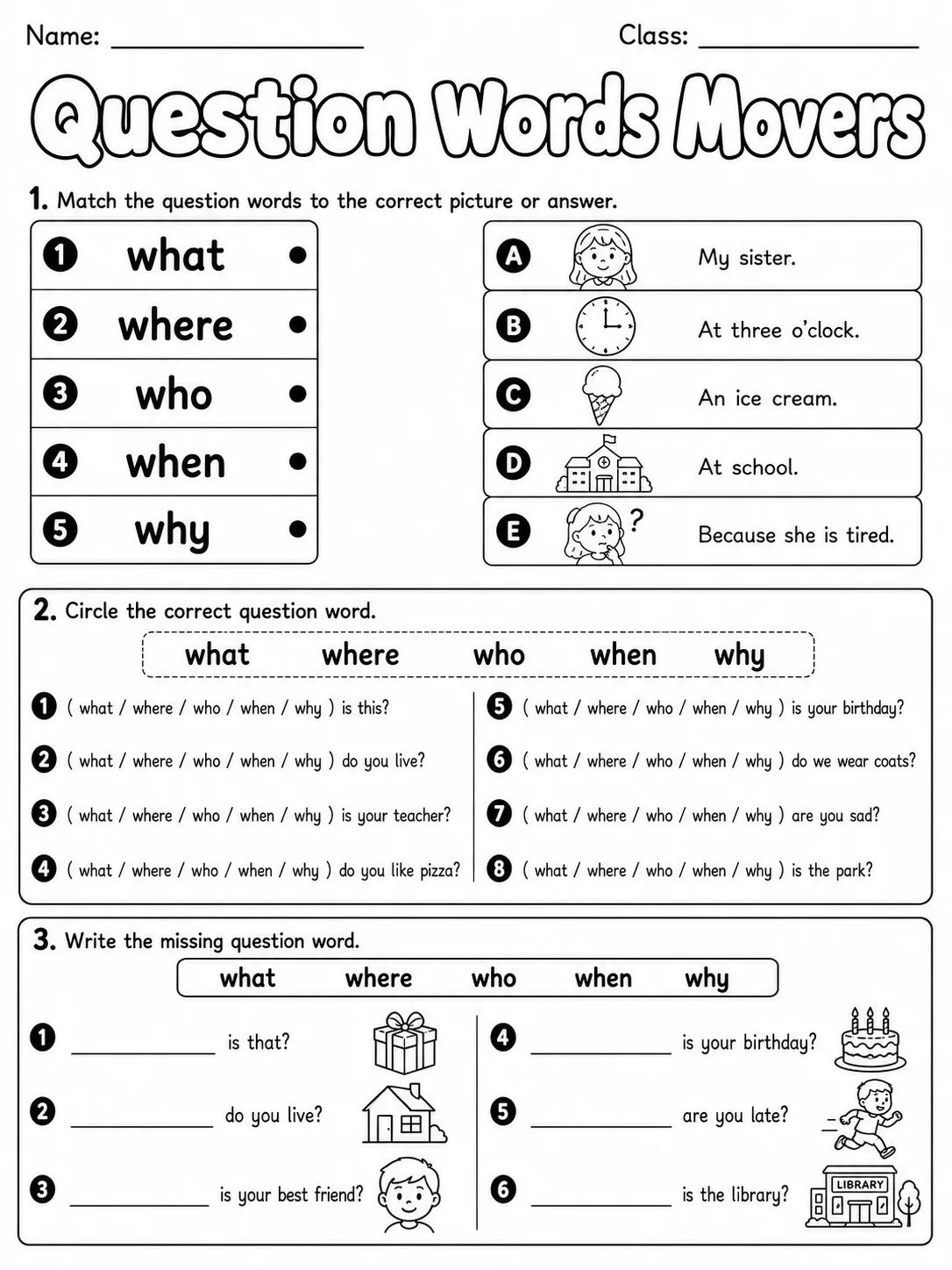 Question Words Movers Vocabulary Worksheet Pack printable Movers English worksheet bundle preview from KiwiBee