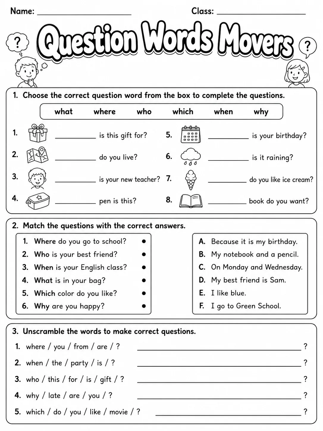 Question Words Movers Vocabulary Worksheet Pack page 2 printable worksheet preview