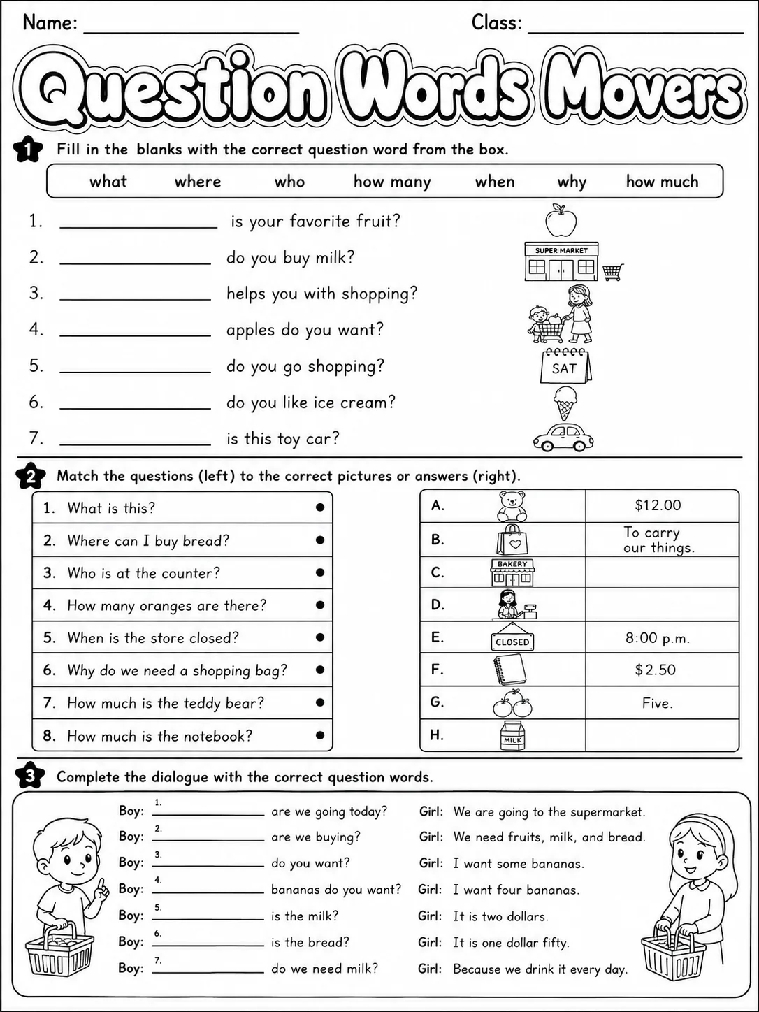 Question Words Movers Vocabulary Worksheet Pack page 3 printable worksheet preview