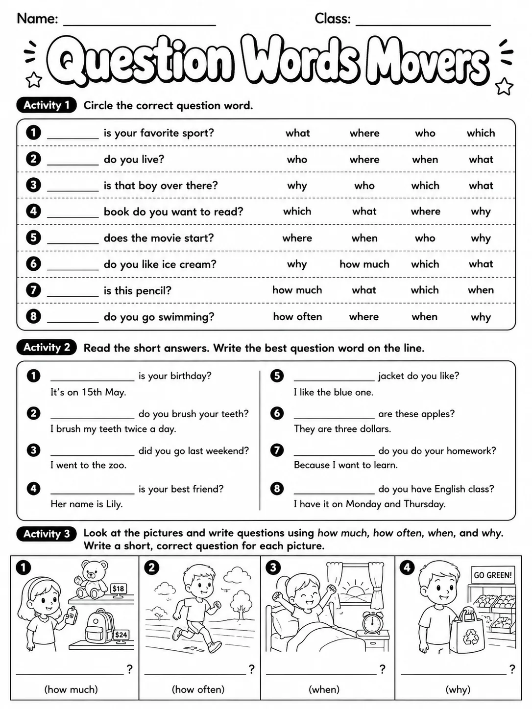 Question Words Movers Vocabulary Worksheet Pack page 4 printable worksheet preview
