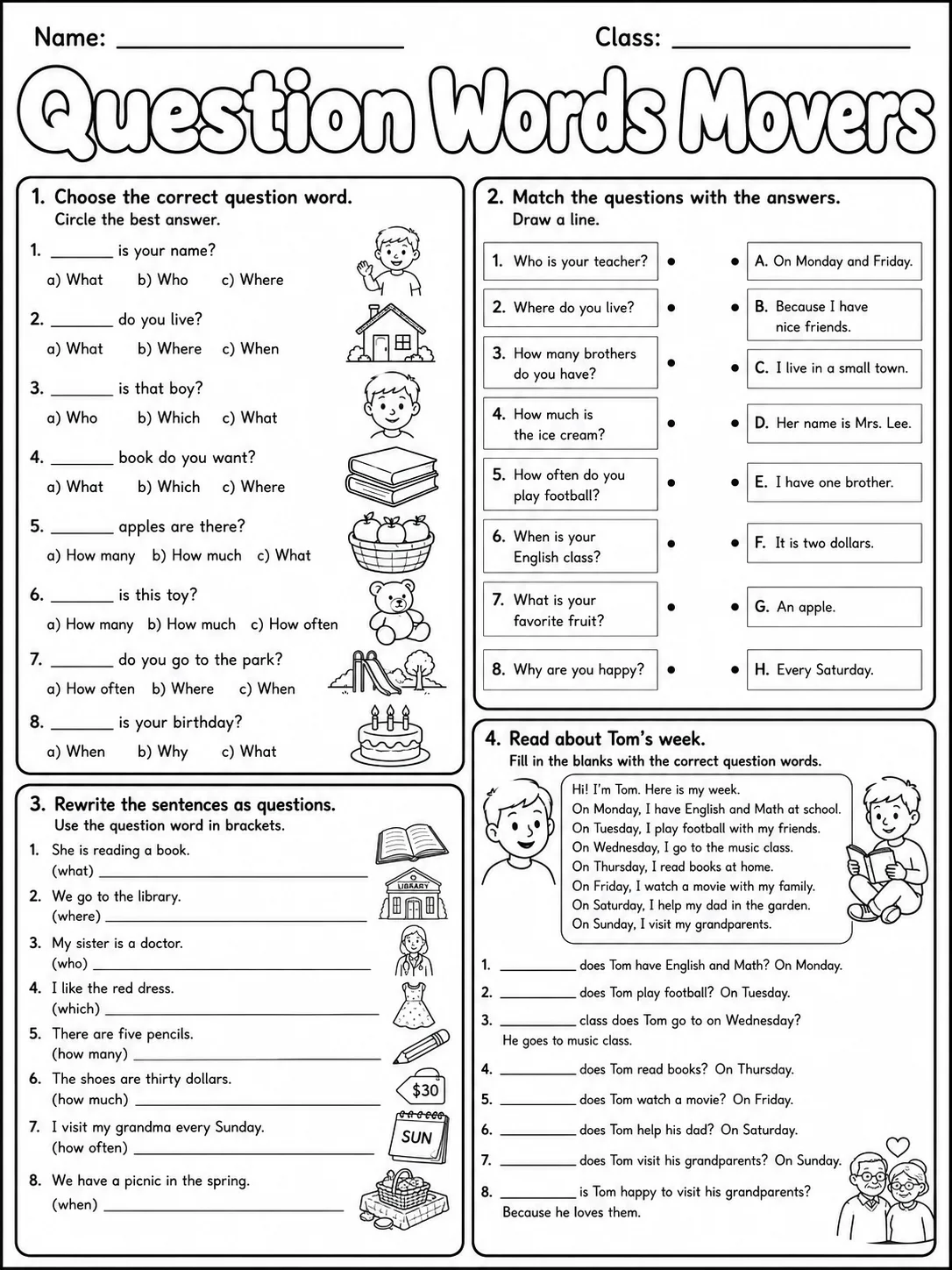 Question Words Movers Vocabulary Worksheet Pack page 5 printable worksheet preview