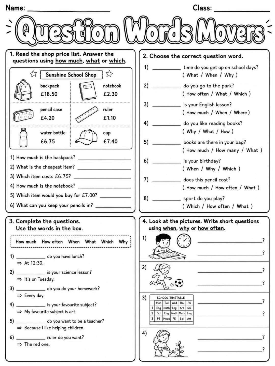 Question Words Movers Vocabulary Worksheet Pack page 6 printable worksheet preview