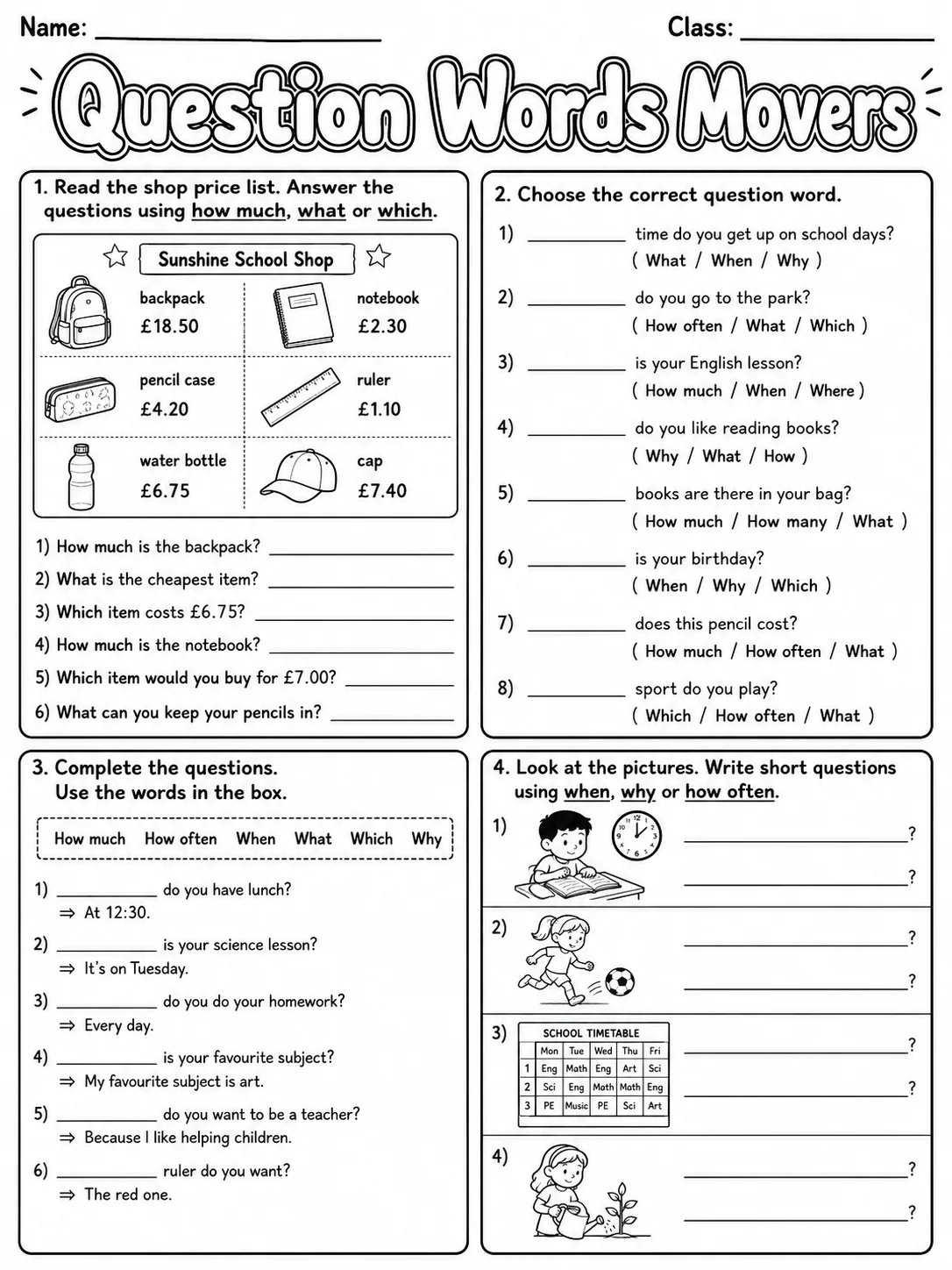 Question Words Movers Vocabulary Worksheet Pack page 6 printable worksheet preview