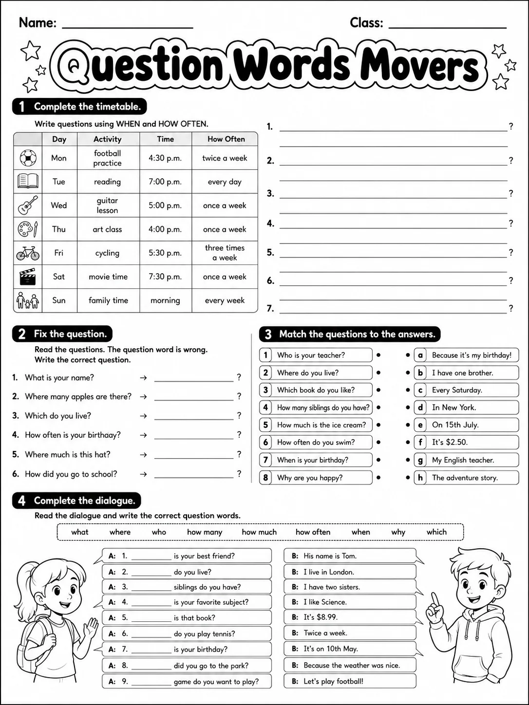 Question Words Movers Vocabulary Worksheet Pack page 7 printable worksheet preview