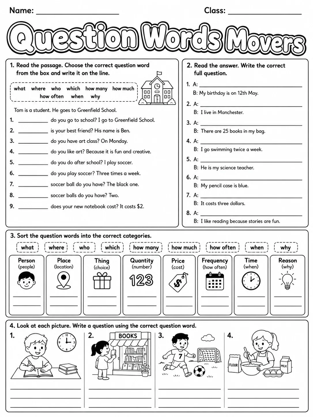 Question Words Movers Vocabulary Worksheet Pack page 8 printable worksheet preview