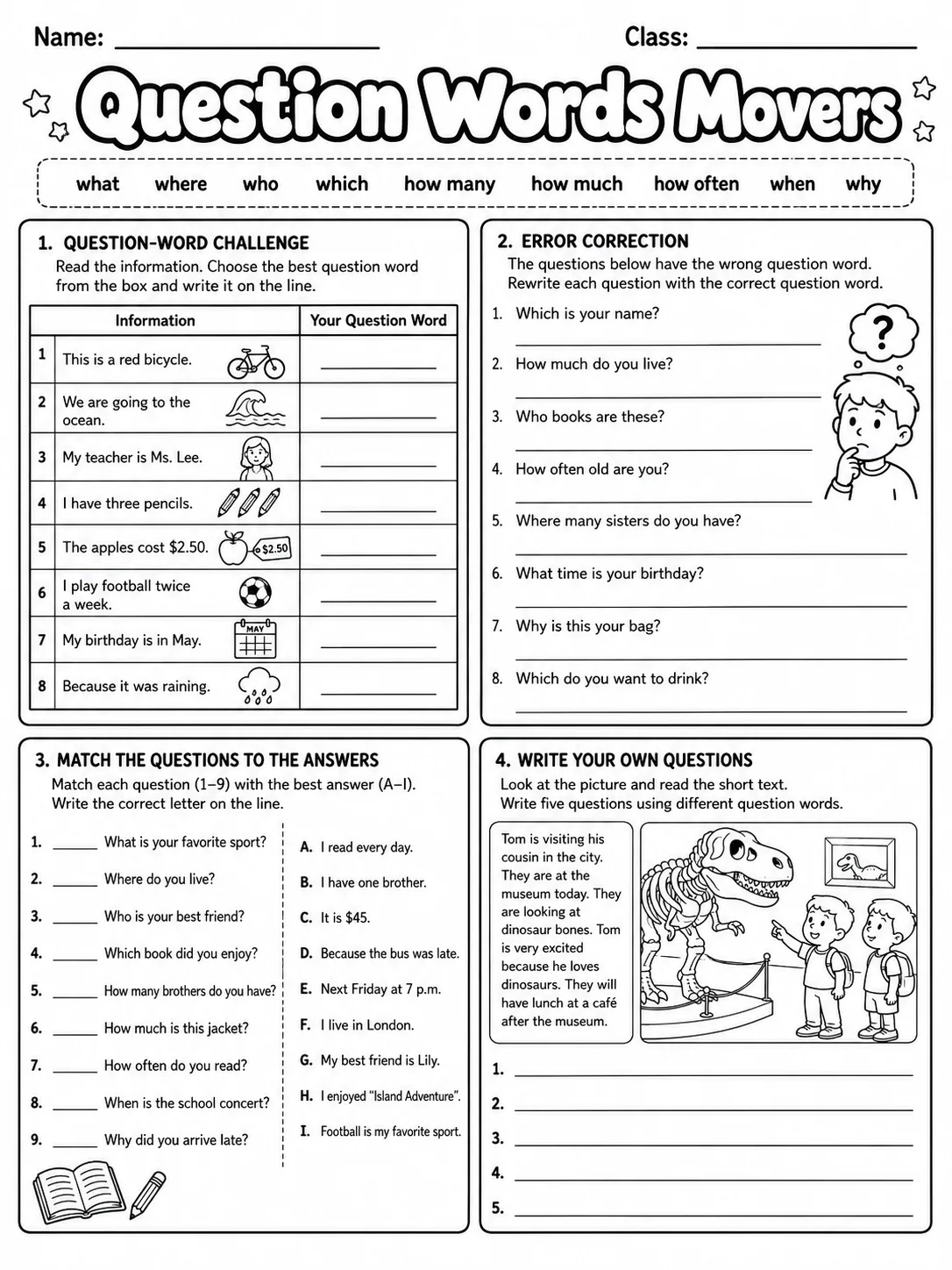 Question Words Movers Vocabulary Worksheet Pack page 9 printable worksheet preview