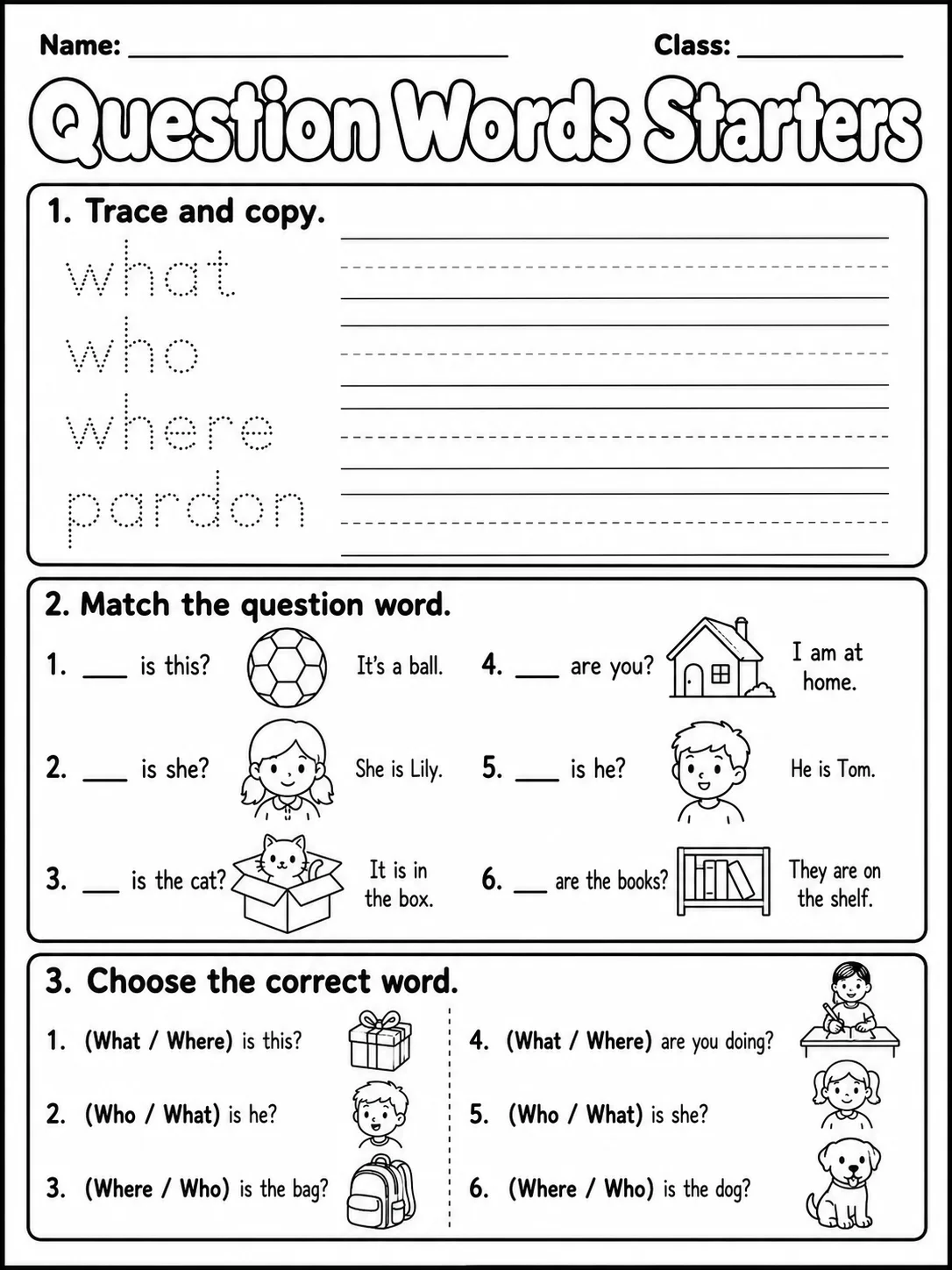 Question Words Starters Vocabulary Worksheet Pack printable Starters English worksheet bundle preview from KiwiBee