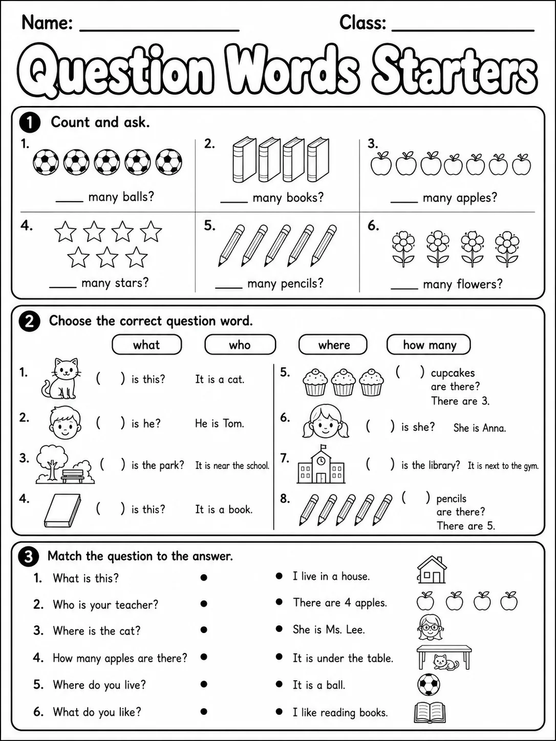 Question Words Starters Vocabulary Worksheet Pack page 3 printable worksheet preview