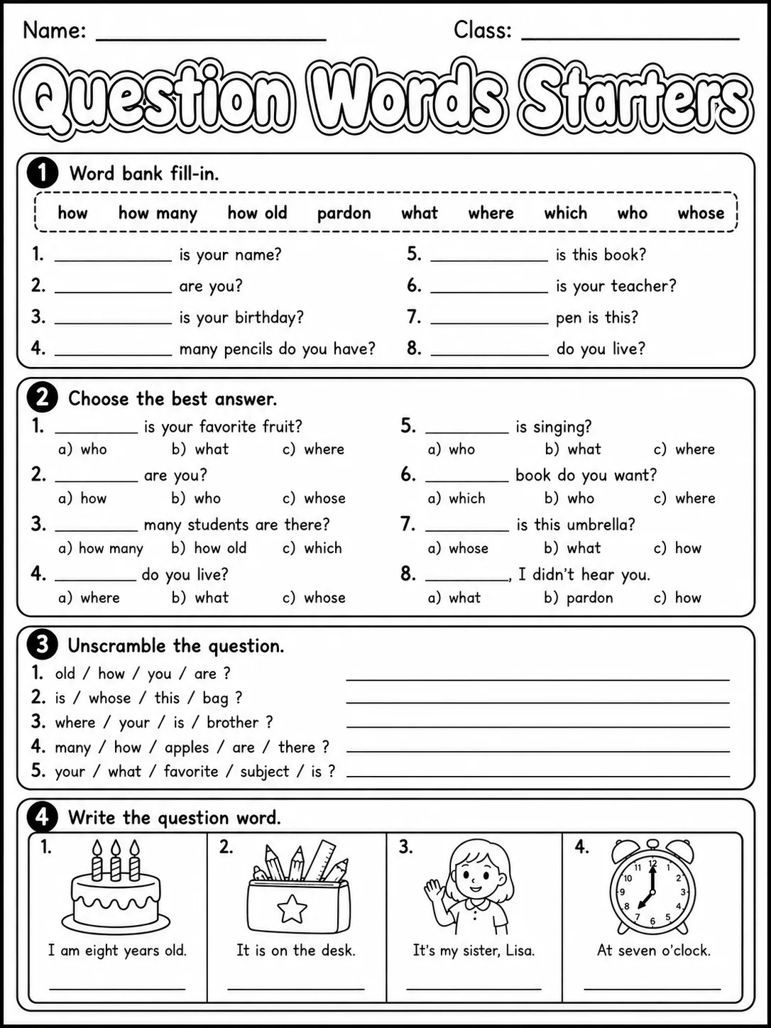 Question Words Starters Vocabulary Worksheet Pack page 6 printable worksheet preview