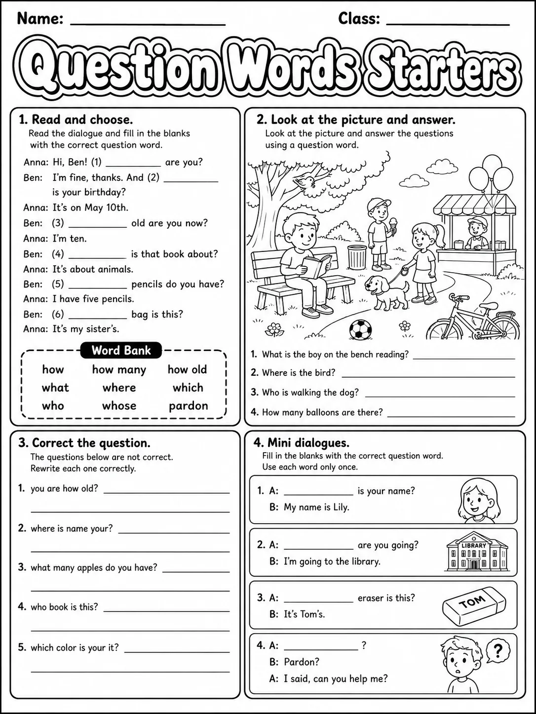 Question Words Starters Vocabulary Worksheet Pack page 7 printable worksheet preview