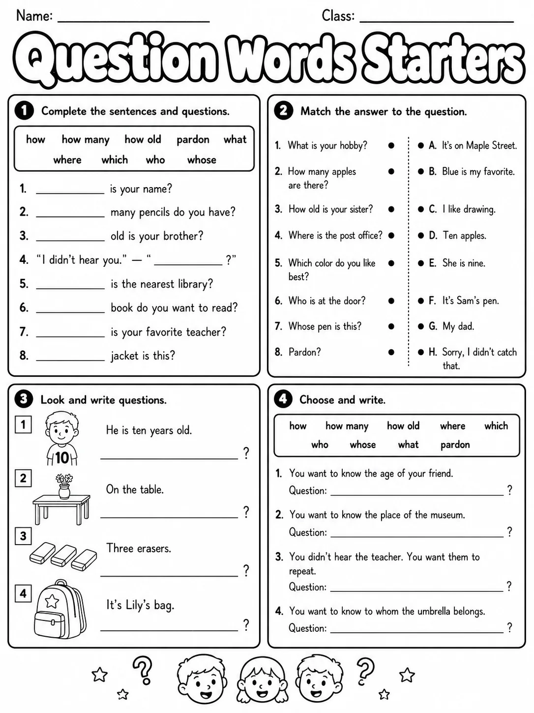 Question Words Starters Vocabulary Worksheet Pack page 8 printable worksheet preview
