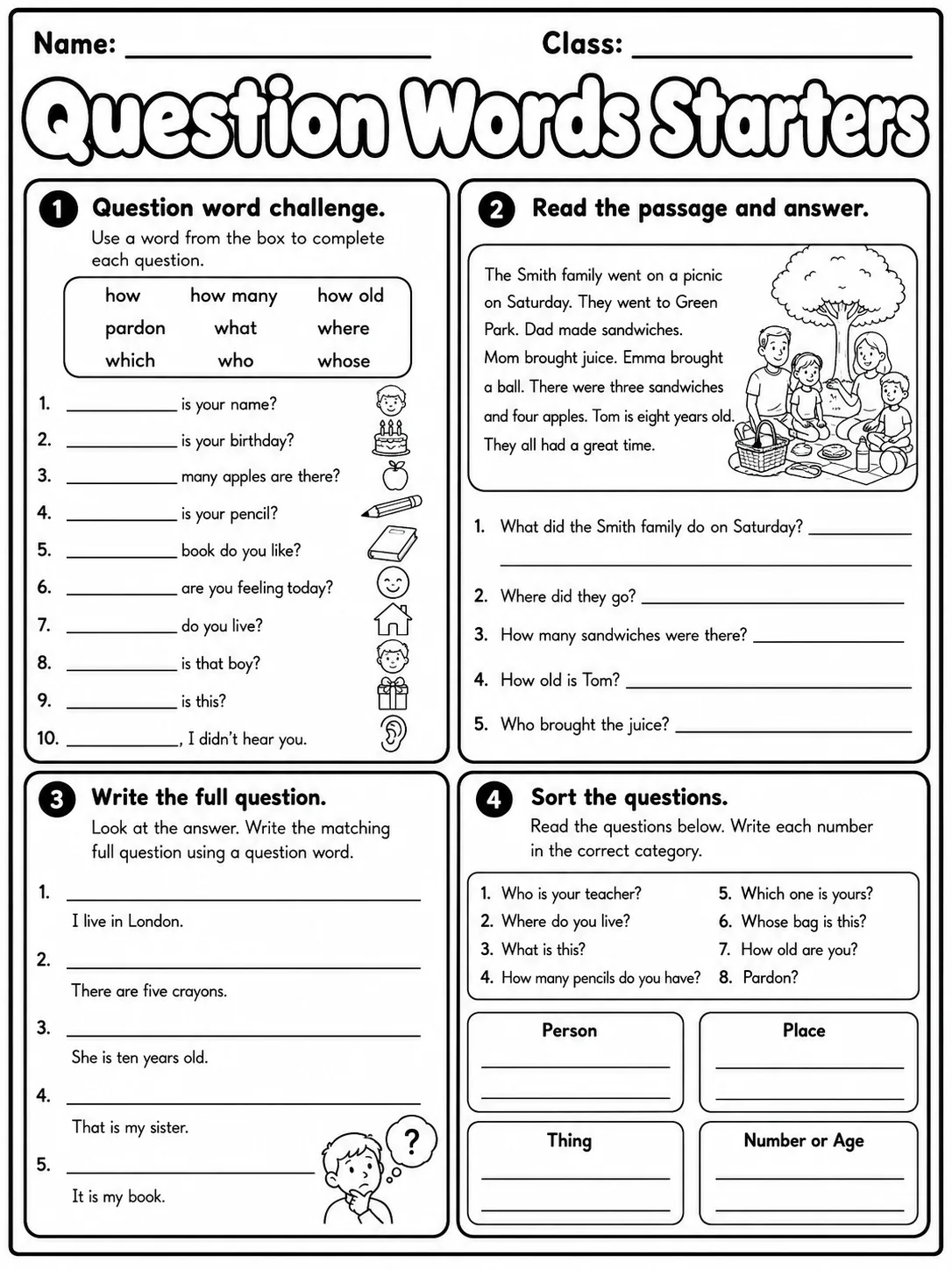 Question Words Starters Vocabulary Worksheet Pack page 9 printable worksheet preview