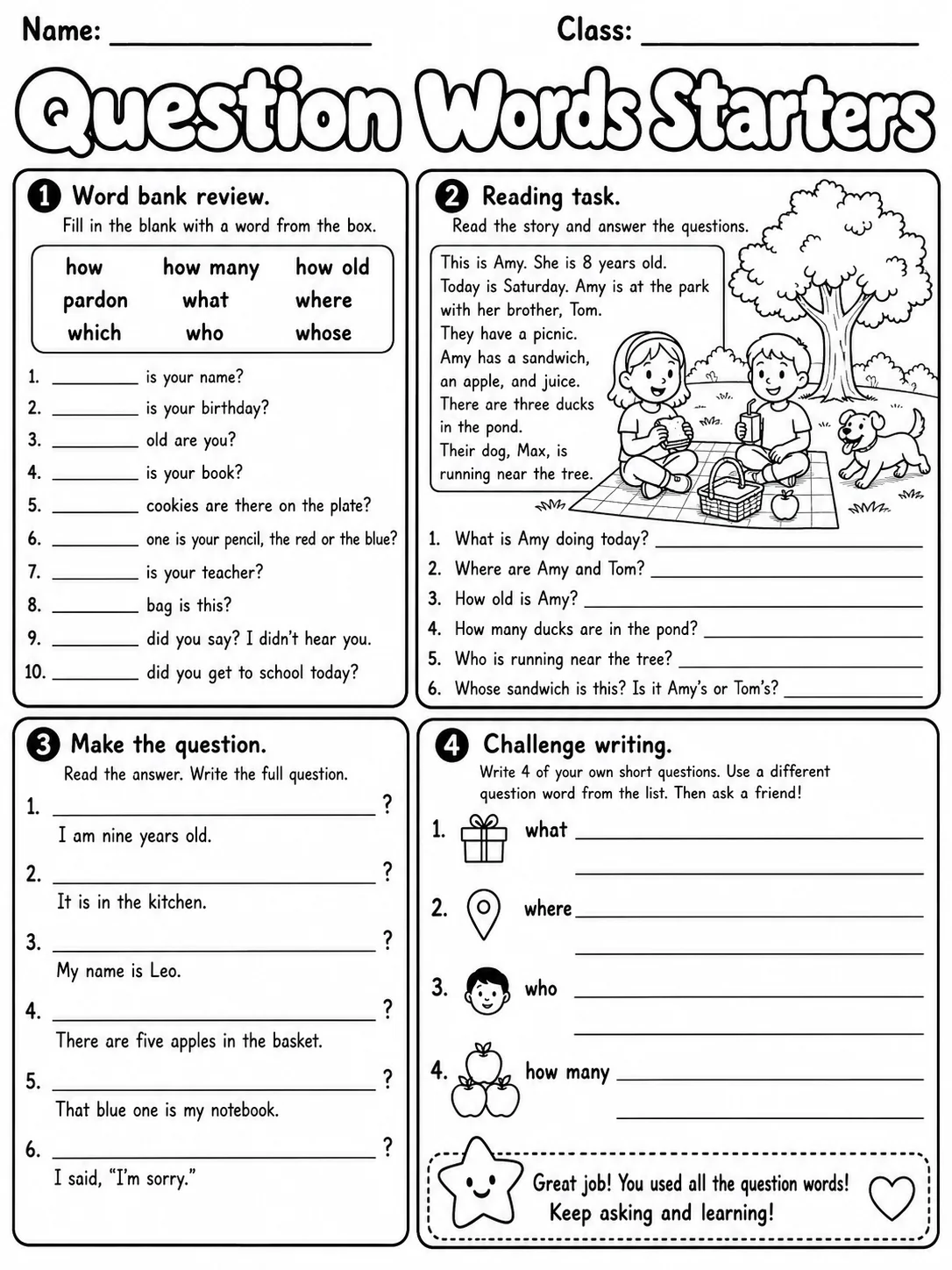 Question Words Starters Vocabulary Worksheet Pack page 10 printable worksheet preview