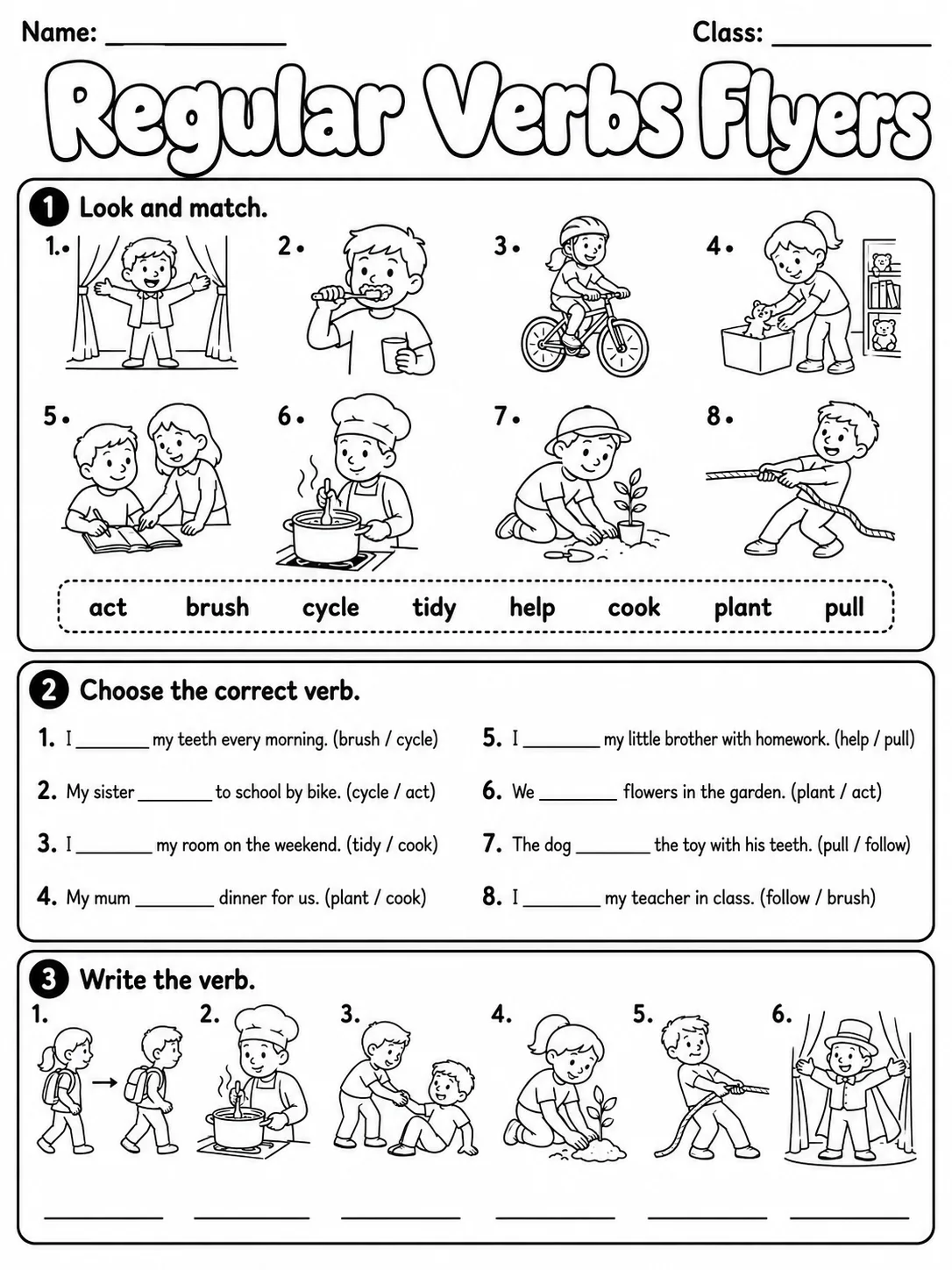 Regular Verbs Flyers Vocabulary Worksheet Pack printable Flyers English worksheet bundle preview from KiwiBee