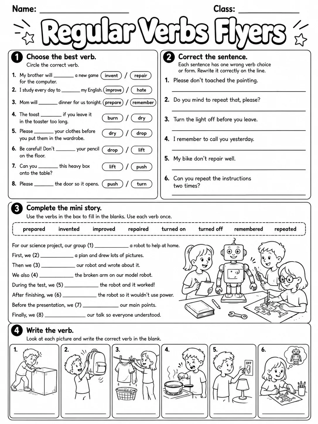 Regular Verbs Flyers Vocabulary Worksheet Pack page 8 printable worksheet preview