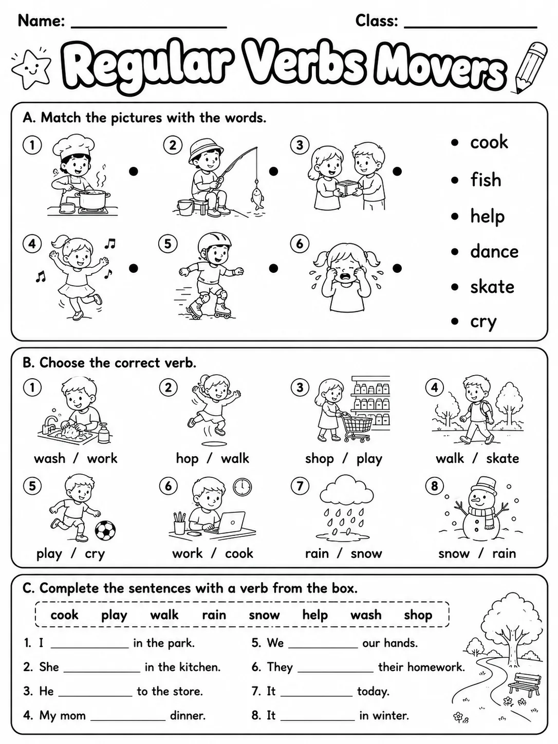 Regular Verbs Movers Vocabulary Worksheet Pack printable Movers English worksheet bundle preview from KiwiBee