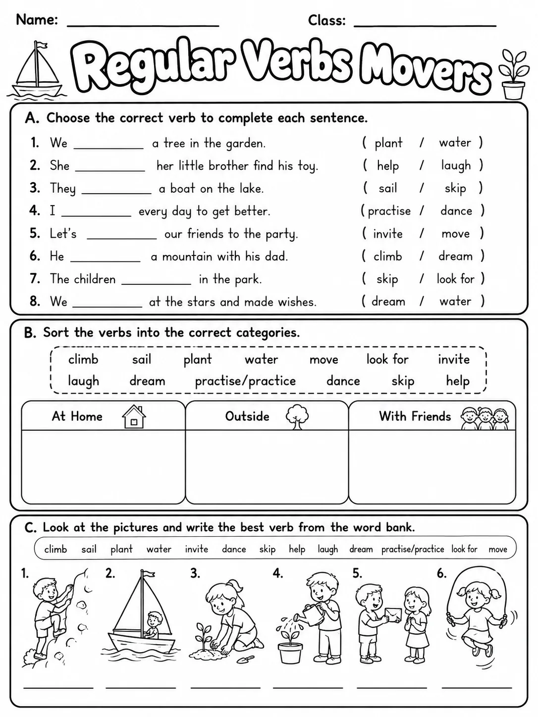 Regular Verbs Movers Vocabulary Worksheet Pack page 3 printable worksheet preview