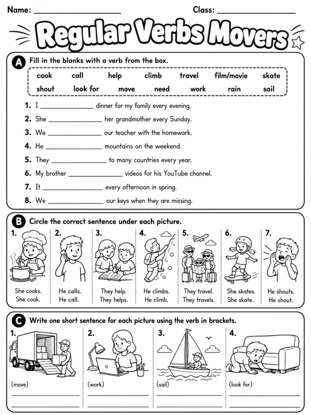 Regular Verbs Movers Vocabulary Worksheet Pack page 4 printable worksheet preview
