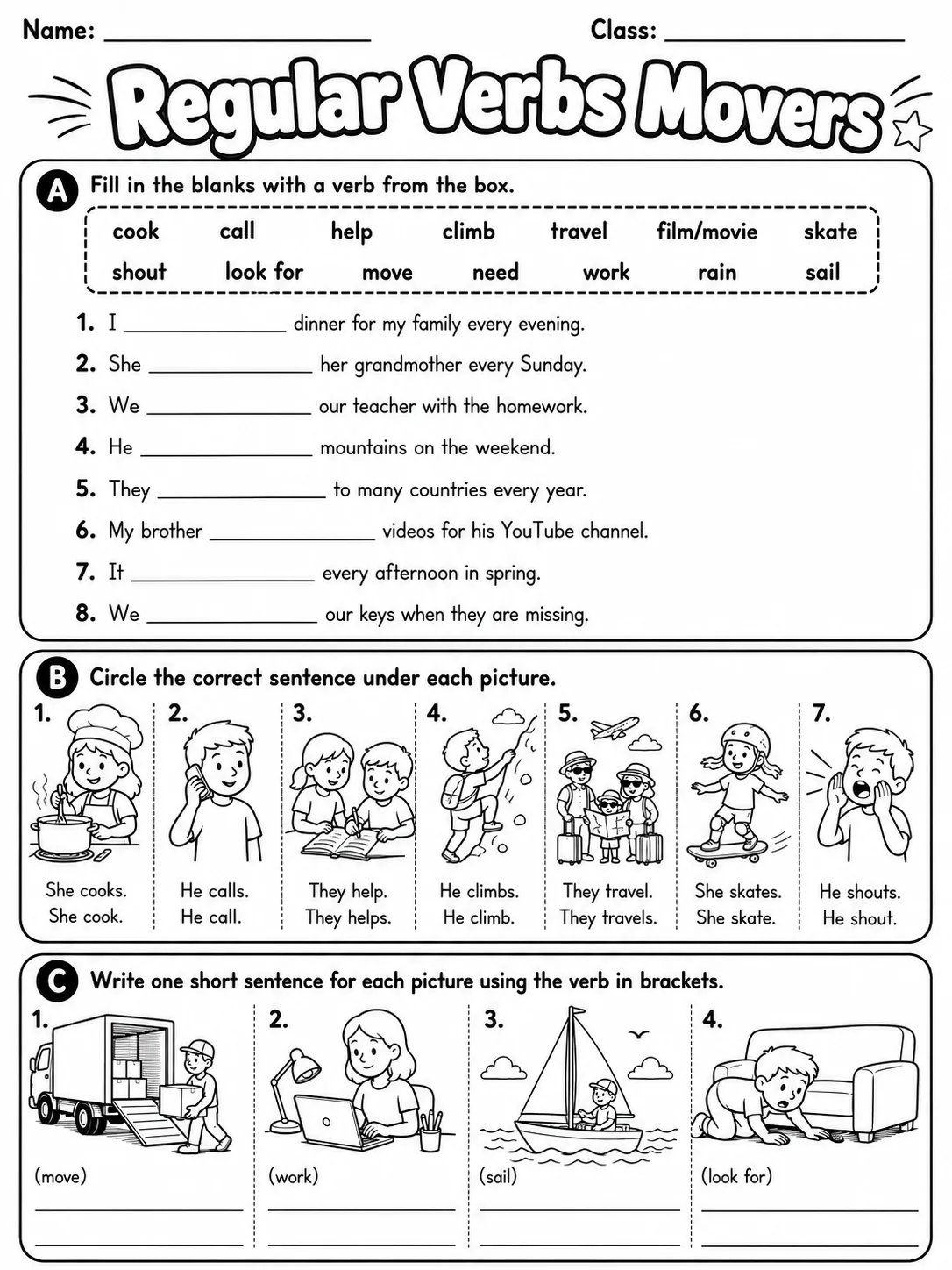 Regular Verbs Movers Vocabulary Worksheet Pack page 4 printable worksheet preview