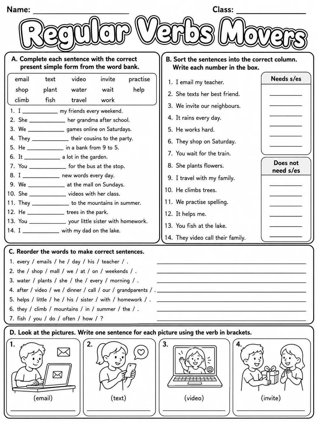 Regular Verbs Movers Vocabulary Worksheet Pack page 6 printable worksheet preview