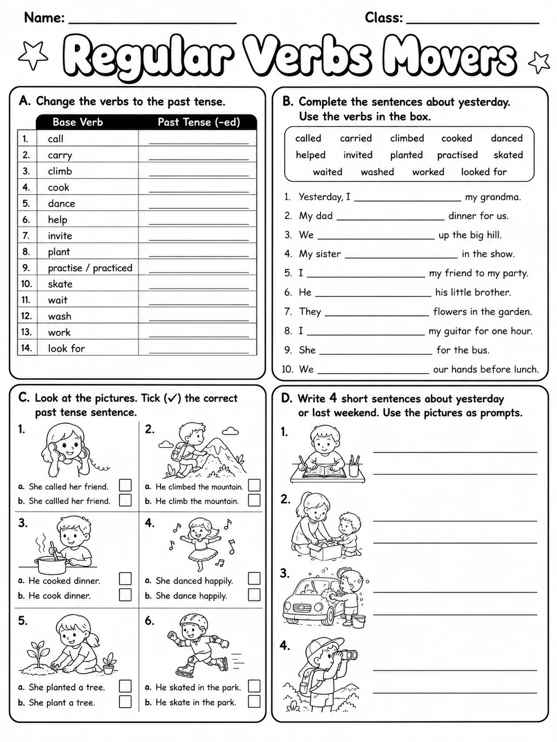 Regular Verbs Movers Vocabulary Worksheet Pack page 8 printable worksheet preview