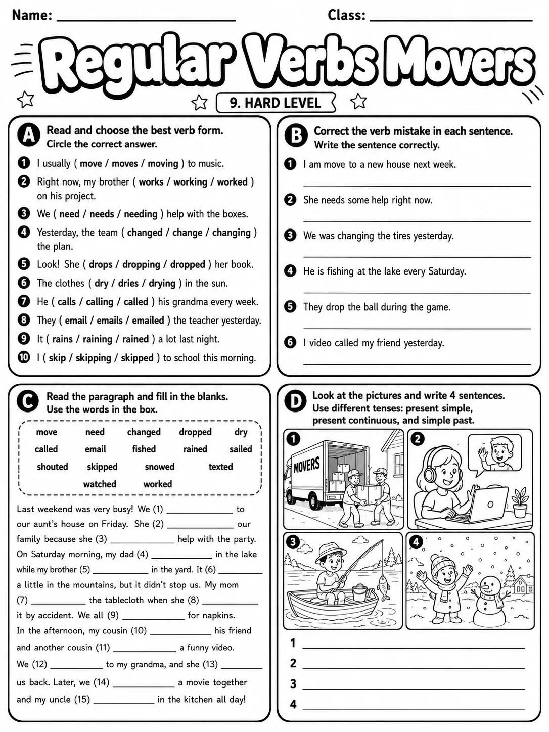 Regular Verbs Movers Vocabulary Worksheet Pack page 9 printable worksheet preview