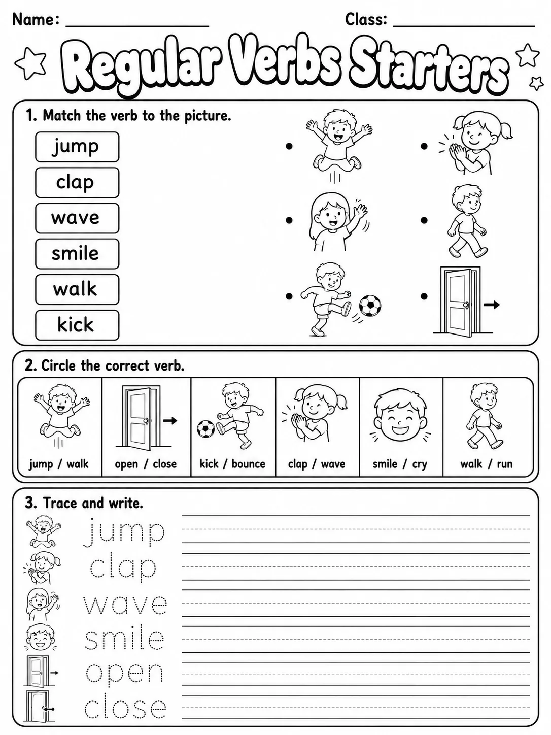 Regular Verbs Starters Vocabulary Worksheet Pack printable Starters English worksheet bundle preview from KiwiBee
