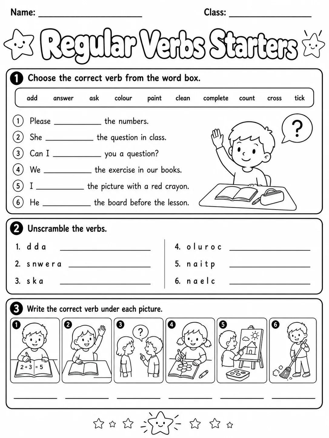 Regular Verbs Starters Vocabulary Worksheet Pack page 3 printable worksheet preview