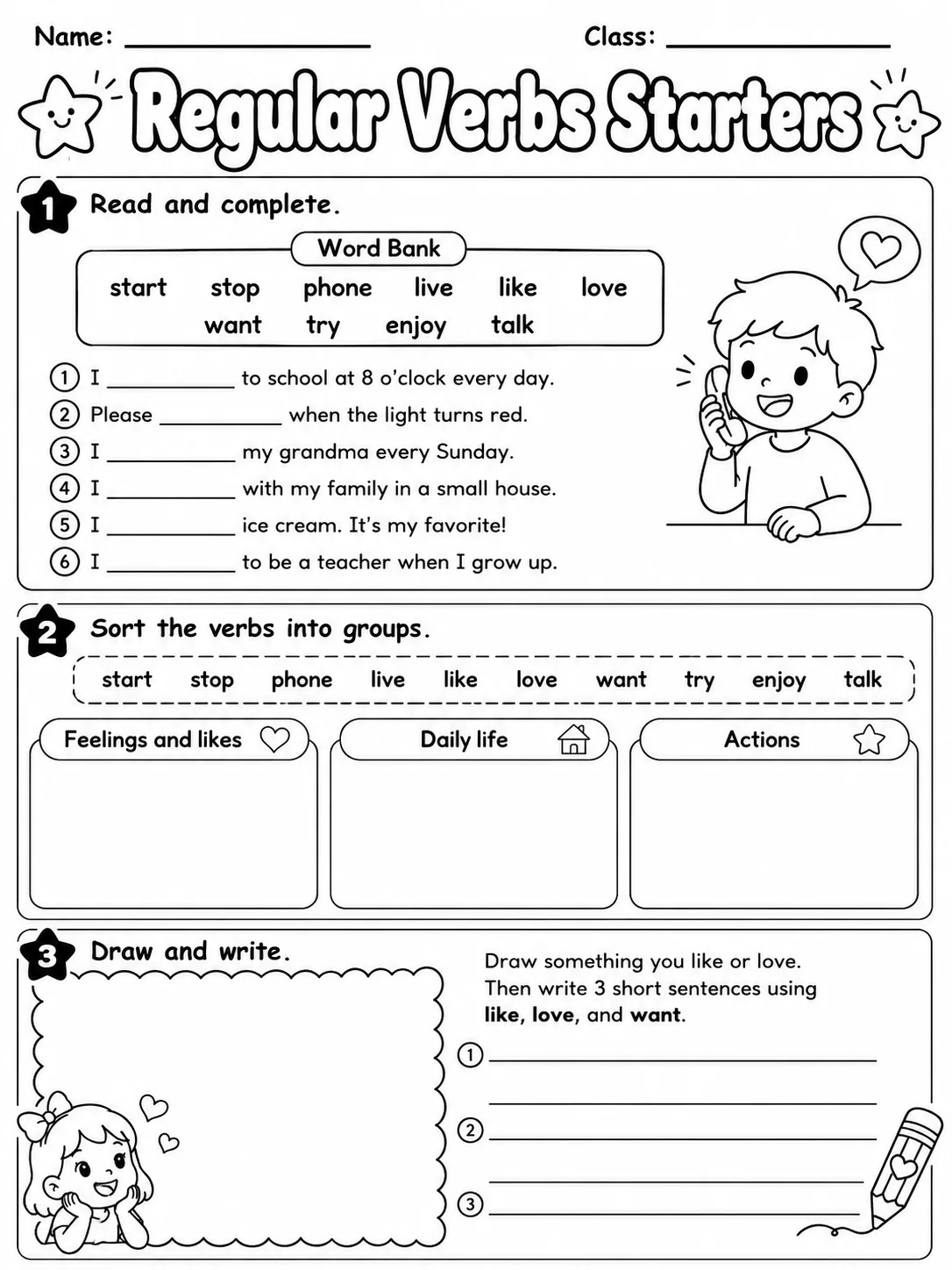 Regular Verbs Starters Vocabulary Worksheet Pack page 4 printable worksheet preview