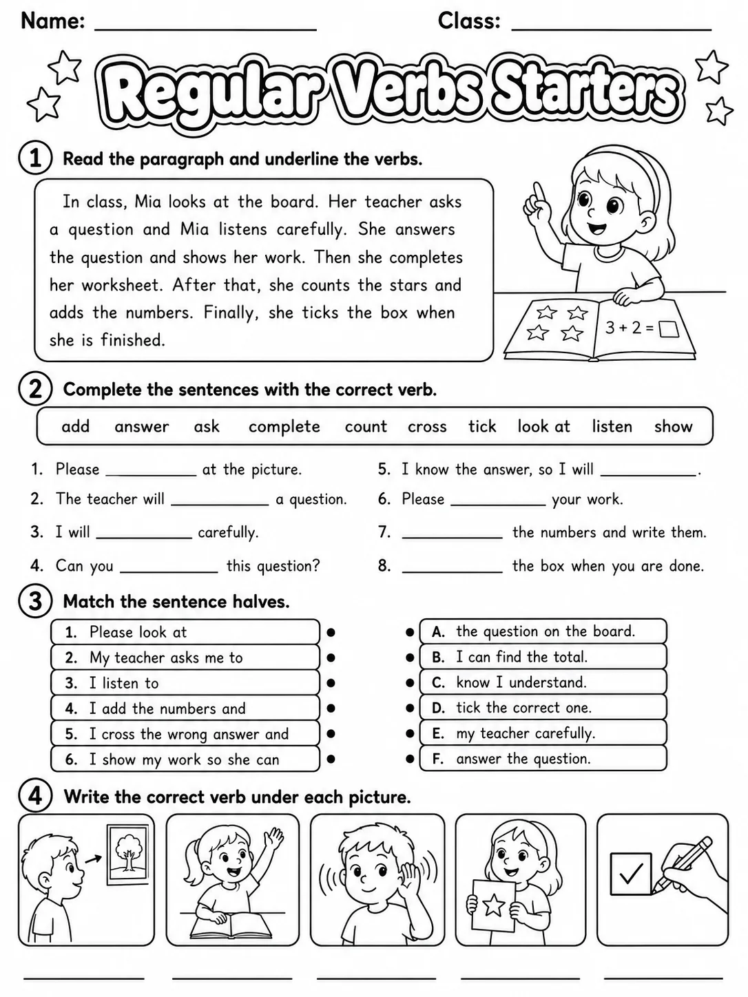 Regular Verbs Starters Vocabulary Worksheet Pack page 6 printable worksheet preview